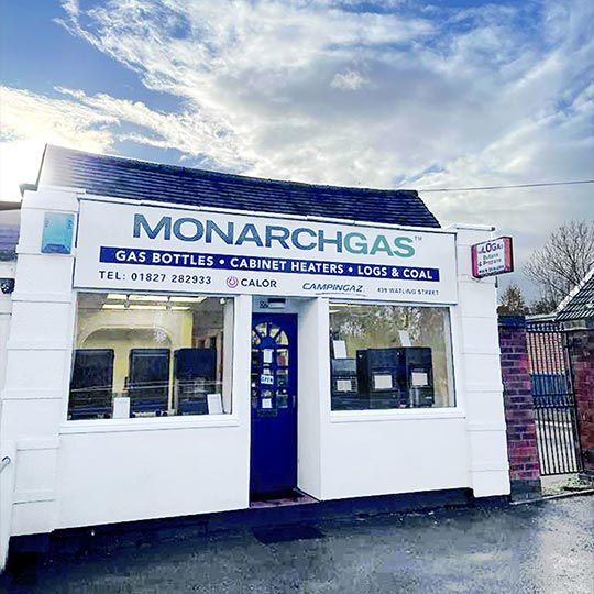 Monarch Gas shop Tamworth sells LPG Butane and Propane Gas bottles, Patio Gas, Patio Heater Gas and Cabinet Heaters at former Wright Bros site